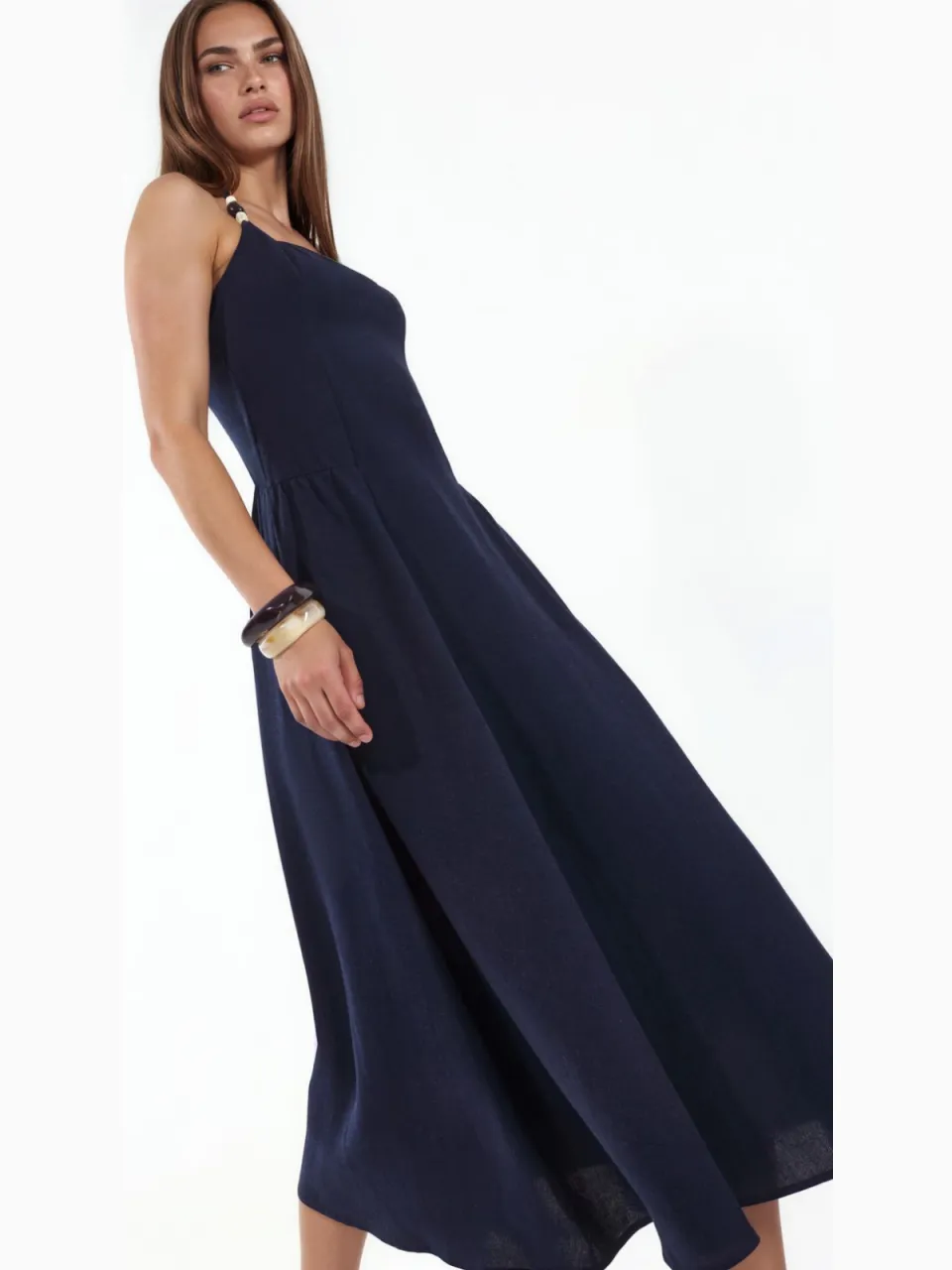 Hiccup Midi-jurk met halternek en kraaldetails Marineblauw