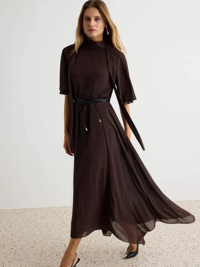 Trendyol TRENDYOLMİLLA Dames Bruin Abstract Midi Kort A-lijn Jurken