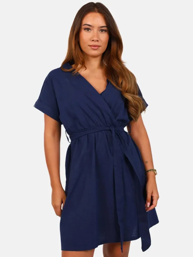 Getdrezzed Linnen blend jurk met strikceintuur donkerblauw