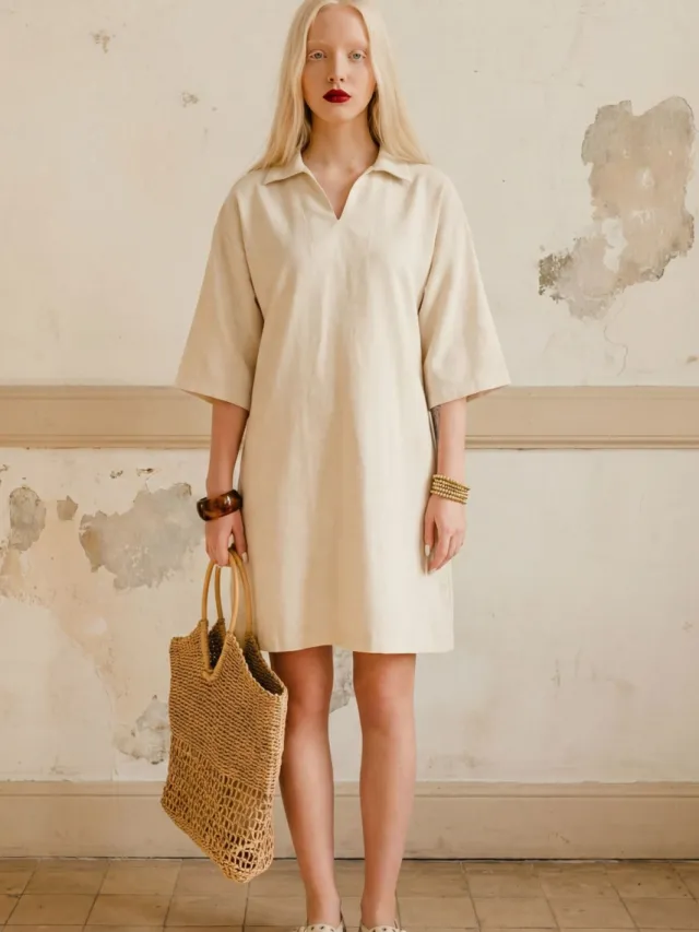 MyFashion Polo Kraag Mini-jurkje met Driekwart Mouwen Beige