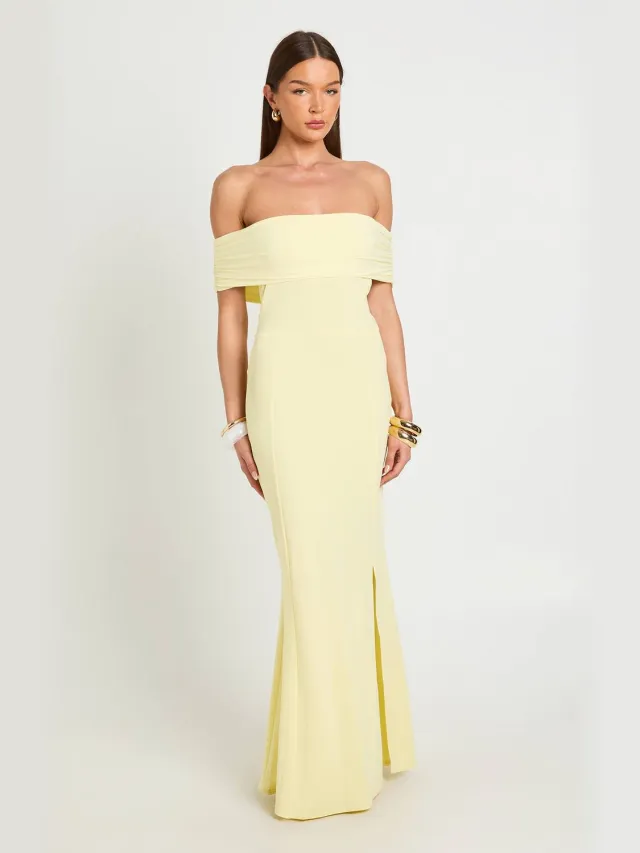 boohoo Dames Geplooid Bardot Vloeiende Maxi Jurk Citroen