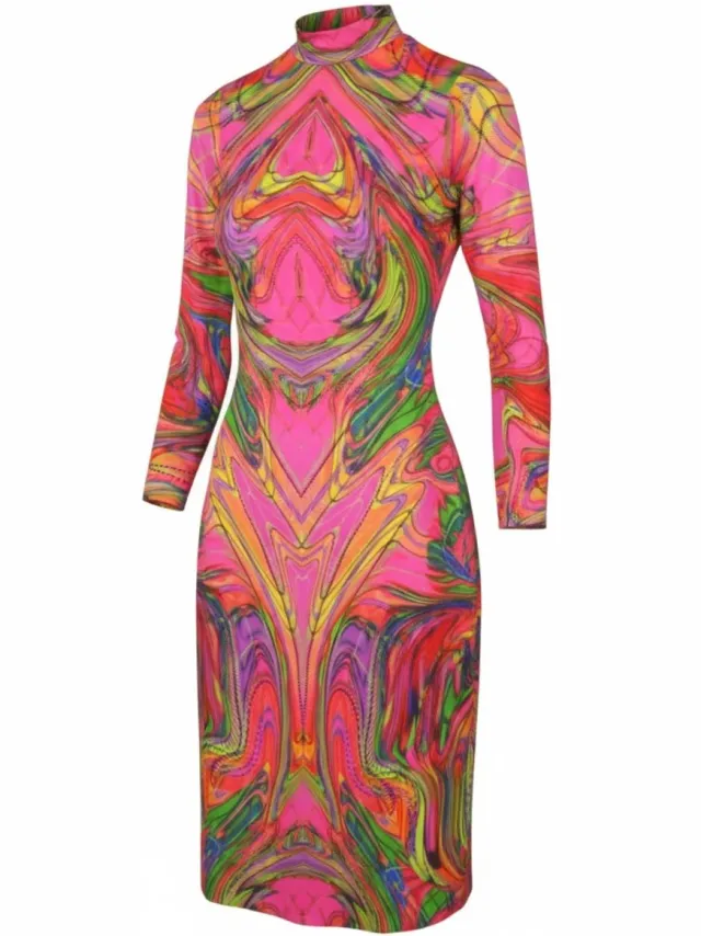 Desigual Heather damesjurk, veelkleurige midi met digitale print en lange mouwen Meerkleurig