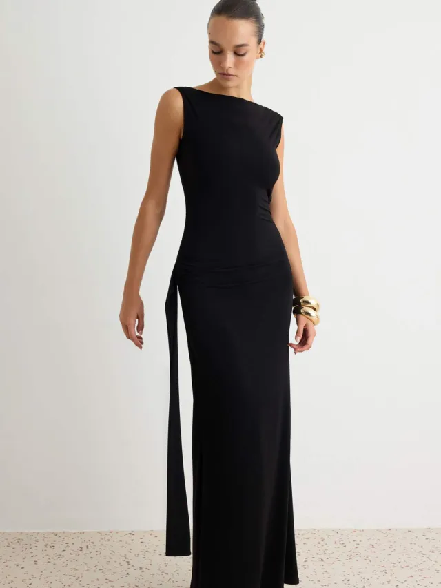 Trendyol TRENDYOLMİLLA Dames Zwart Effen Maxi Mouwloos Recht Avond & Gala Jurk