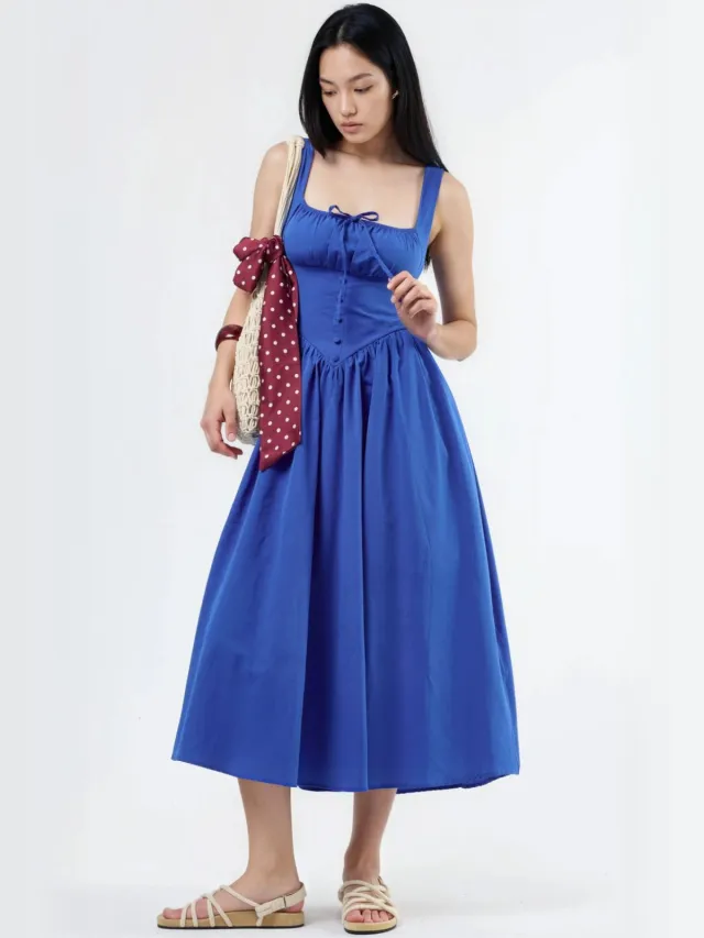 Busem Midi-jurk met vierkante kraag en knoopdetails blauw, foto 2