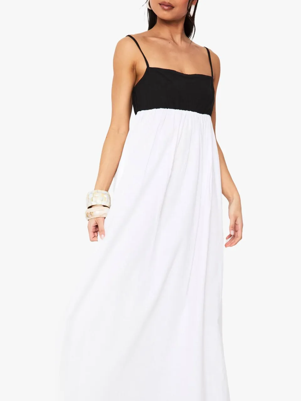 boohoo Dames Contrast Linnen Smock Maxi-jurk zwart, foto 3