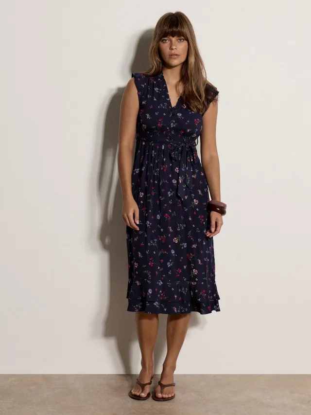 Apricot Midi-jurk met kleine bloemenprint en ruches Marine