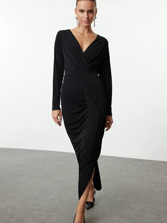 Trendyol TRENDYOLMİLLA Dames Zwart Effen Maxi Lang Stijlvol/Avond Bodycon Jurken