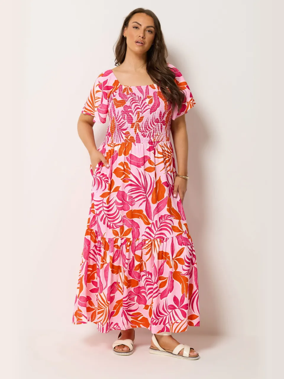 Yours Roze Palmblad Maxijurk Met Smokwerk, foto 2