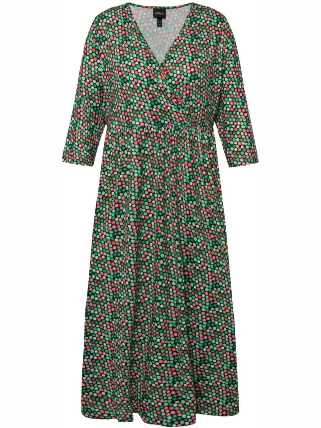 Ulla Popken Dames - Jersey jurk stippen wikkellook V-hals 3/4-mouwen - Zwart - Maat 66+