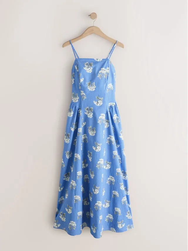 Next Dames - Katoenrijke zomerjurk met dunne bandjes - Blauw Blue Floral/Stripe