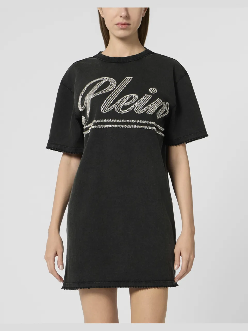 Philipp Plein Open Back T-Shirt Dress Strass Signature Zwart