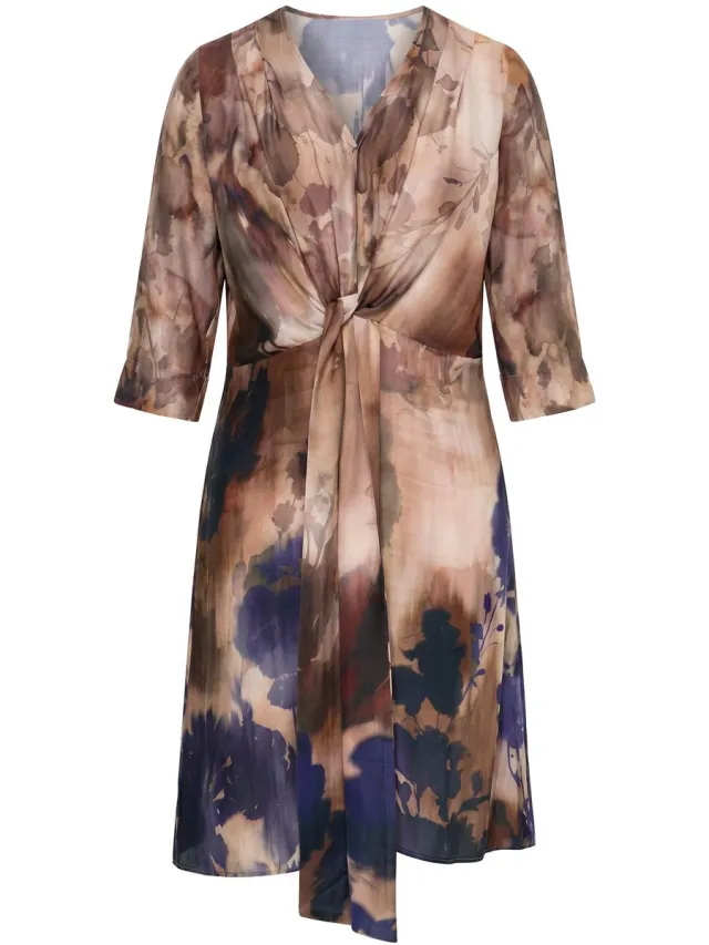 Ulla Popken Dames - Satijnen maxi-jurk aquareldesign V-hals 3/4-mouwen - Donkermarine - Maat 50+