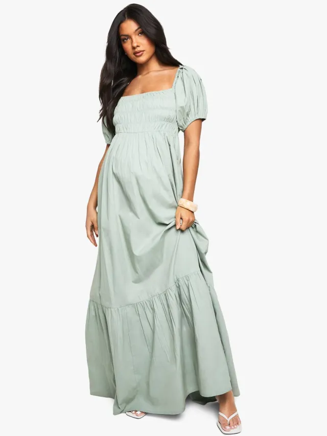 boohoo Dames MATERNITY KATOEN POPELijN PUFFMOUW MAXI-JURK Verstandig