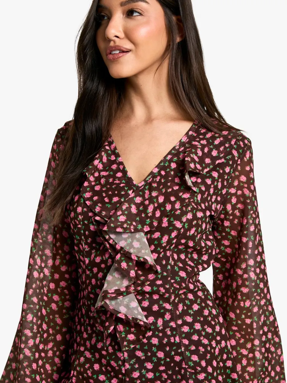 boohoo Dames Ditsy Bloemen Shift Jurk met ruches bruin, foto 4