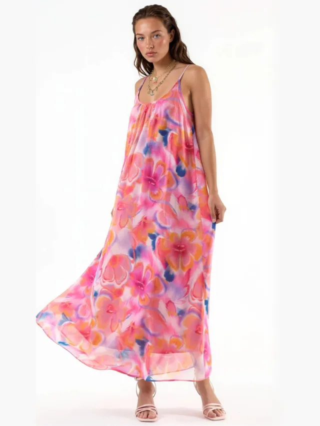 Busem Bloemen U-Kraag Midi Jurk Lichtroze
