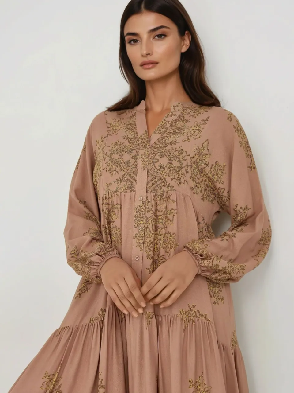 Hiccup Geprinte Viscose Maxi Jurk met Blousekraag bruin, foto 2