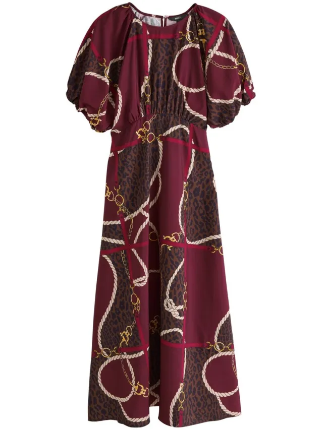 Next Dames - Halflange jurk met pofmouwen - Rood Burgundy Red Chain/Animal Print