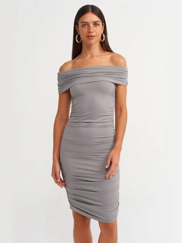 Dilvin Off-Shoulder Bodycon Midi-Jurk Donkergrijs