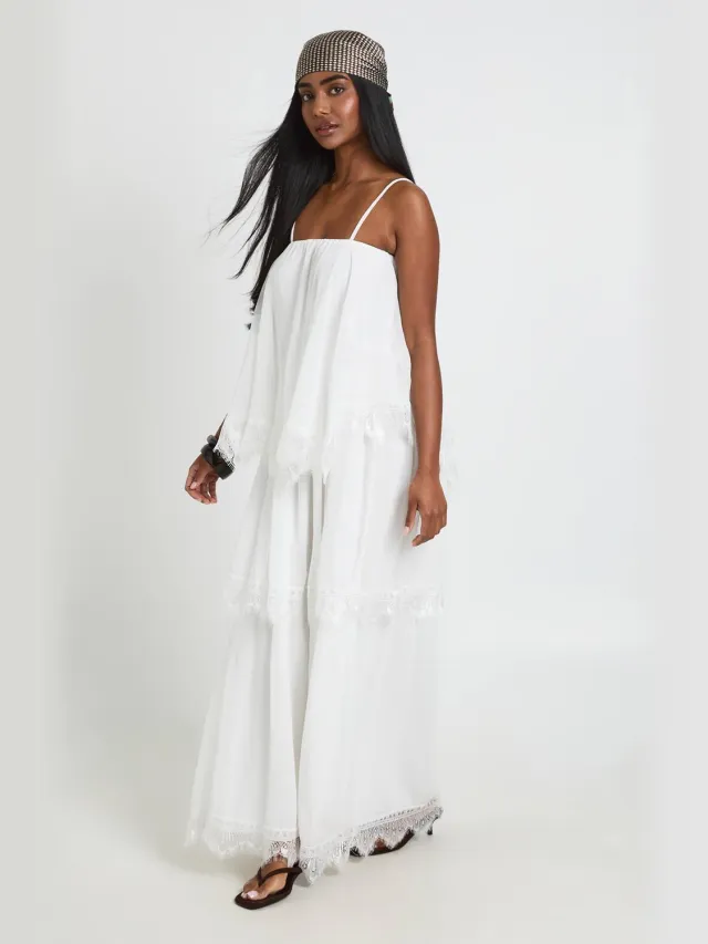 boohoo Dames Gekreukte Chiffon & Kanten Gelaagde Maxi Jurk Ivoor