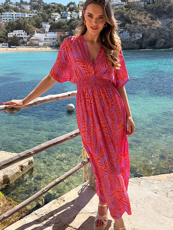Fashion Musthaves Maxi Dress Colorful Leaf Print Oranje