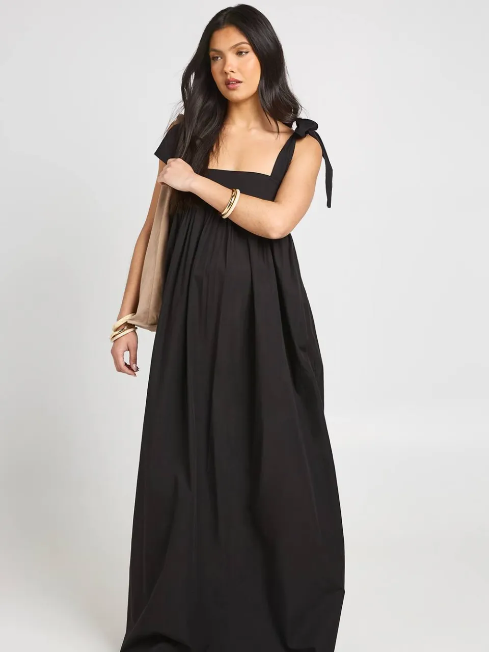 boohoo Dames Zwangerschaps Maxi Jurk Met Strikbandjes zwart, foto 2