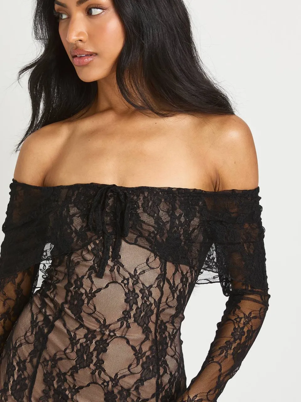 boohoo Dames Bardot lange mouwen kanten A-lijn mini jurk zwart, foto 4