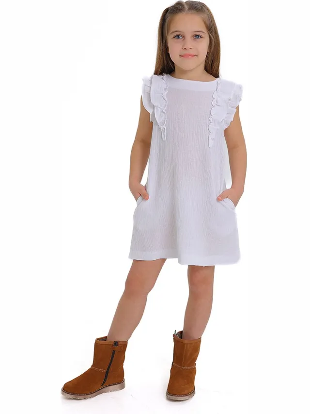 RobyKris Meisjes Jurk - Katoenen mousseline - Wit-116