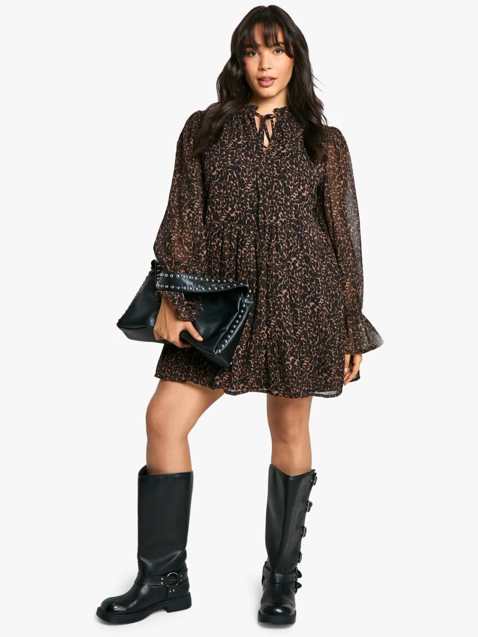 boohoo Dames Plus Animal Print Chiffon Smock-jurk Luipaardprint