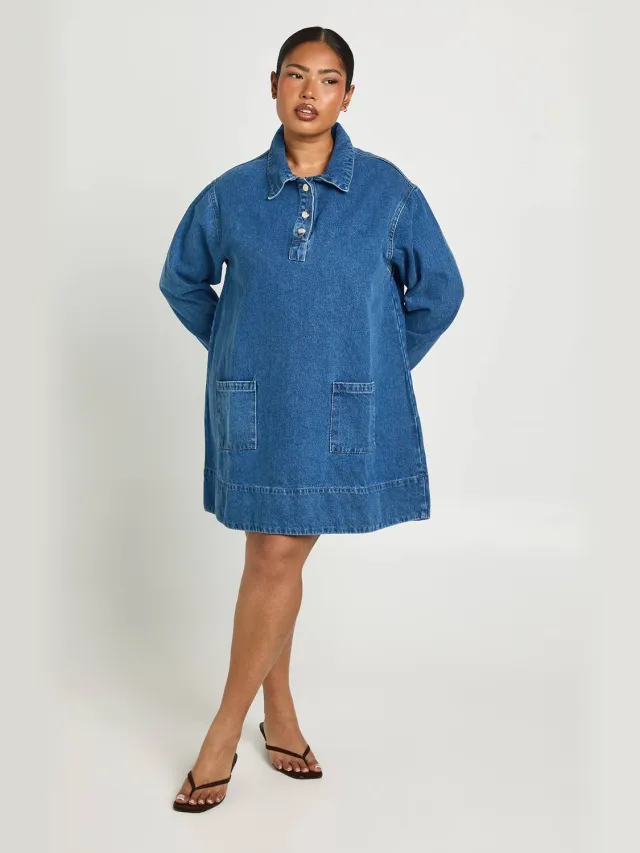 boohoo Dames Plus Denim Jurk Met Lange Mouwen Medium Blauw