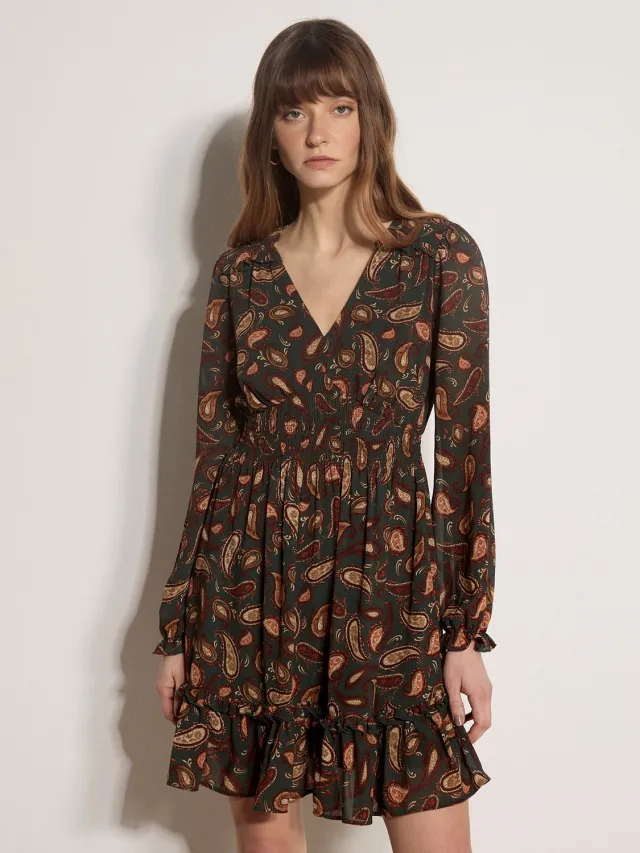 Apricot Chiffon mini-jurk met ruches en paisley-print Groen