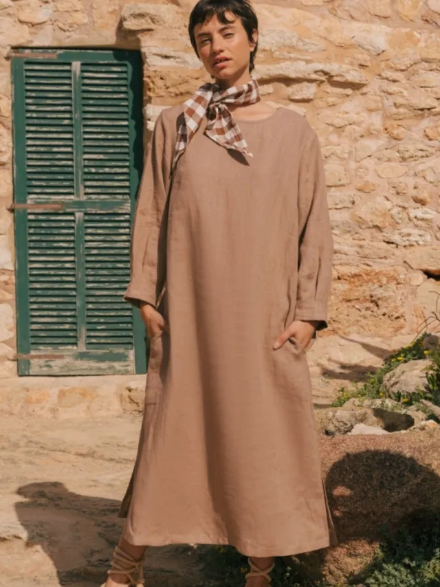 AmourLinen dames vegan Jurk Amalia Lang Rozebruin Lichtbruin
