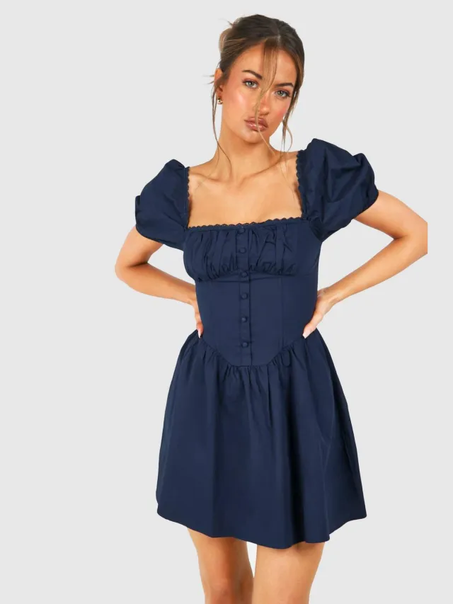 boohoo Dames Pofmouw Katoenen Gerafelde Melkdienaar Mini-Jurk Marineblauw