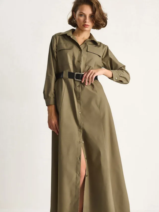 Bianco Lucci Maxi-jurk met lange mouwen, knoopsluiting en overhemdkraag Kaki