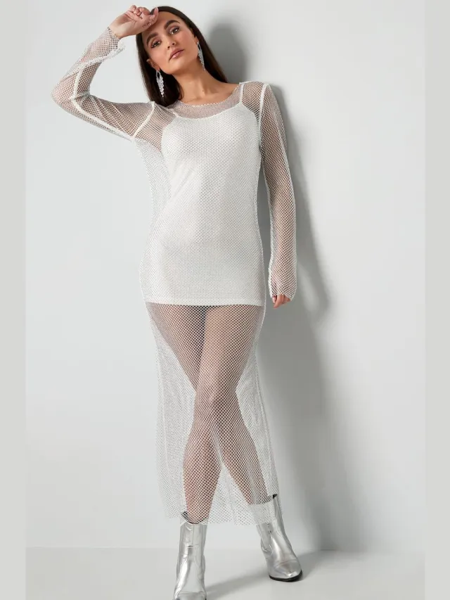 YW YEHWANG YWG - Witte Lange Jurk Sparkly - Trendy Glinsterende Sexy Lange doorzichtige Jurk - Met Onderjurk - Dames Jurken - Wit