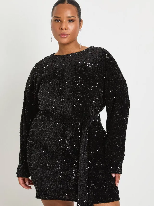 boohoo Dames Plus fluweel pailletten minijurk met strikceintuur zwart, foto 2