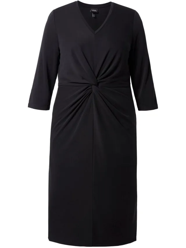 Ulla Popken Dames - Midi-jurk sierknopen V-hals 3/4-mouwen - Zwart - Maat 46+