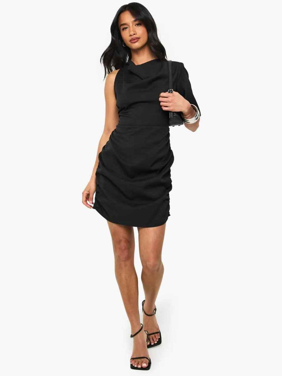 boohoo Dames Petite Drape Detail Asymmetrische Mini-jurk zwart, foto 2