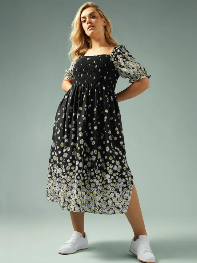 Yours Midaxijurk Met Vlinderprint En Smokwerk In Zwart-56 Black