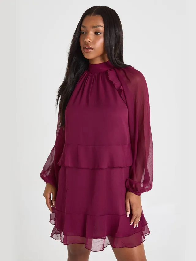 boohoo Dames Chiffon smockjurk met ruches bordeaux rood, foto 2