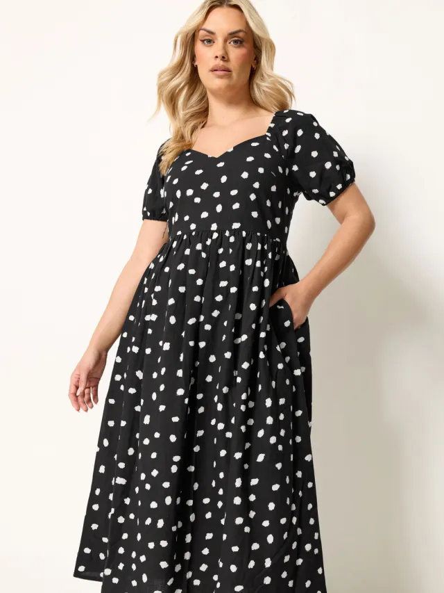 Yours Zwarte Linnen Jurk Met Stippen En Pofmouwen Black