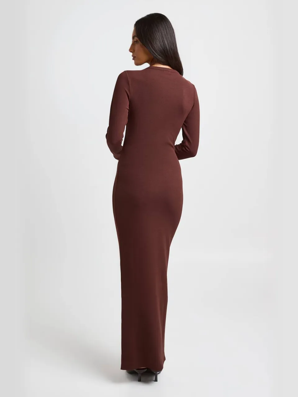 boohoo Dames Basic Geribbelde Maxi Jurk Met Lange Mouwen chocoladebruin, foto 2