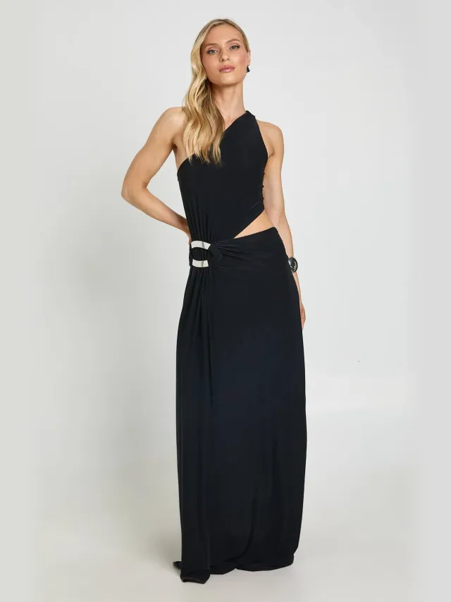 boohoo Dames Petite Asymmetrische Maxi Jurk Met Cut-out Detail En Sierbeslag Zwart