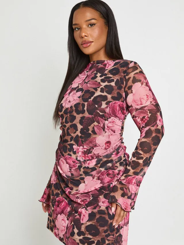 boohoo Dames Plus Luipaard Bloemen Geplooid Mini Shift Jurk luipaardprint, foto 3