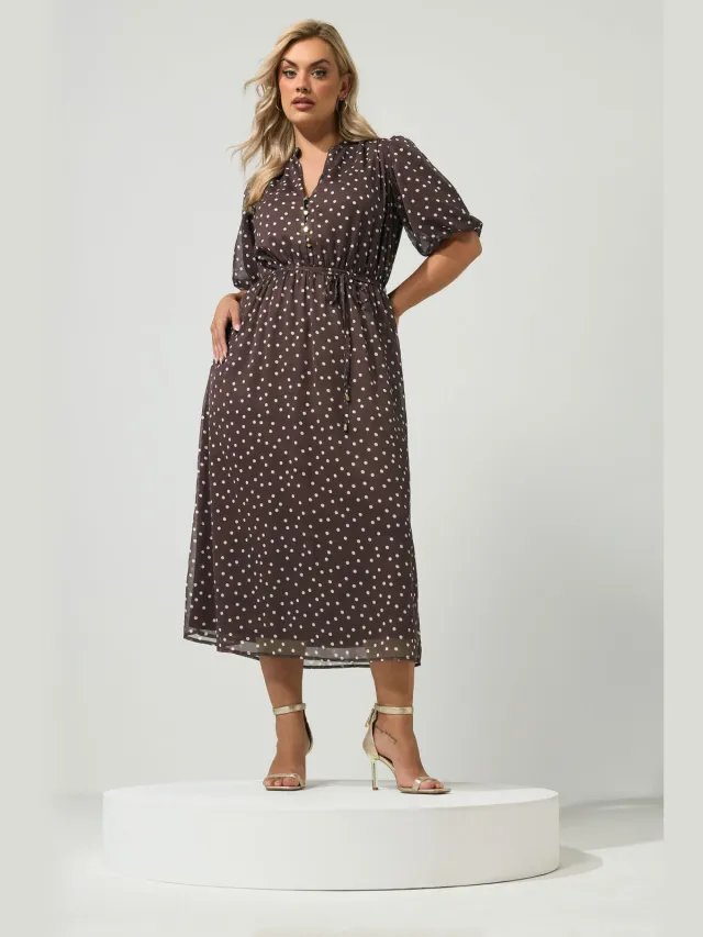 Yours London Curve Chocoladebruine Jurk Met Stippen En Pofmouwen Brown