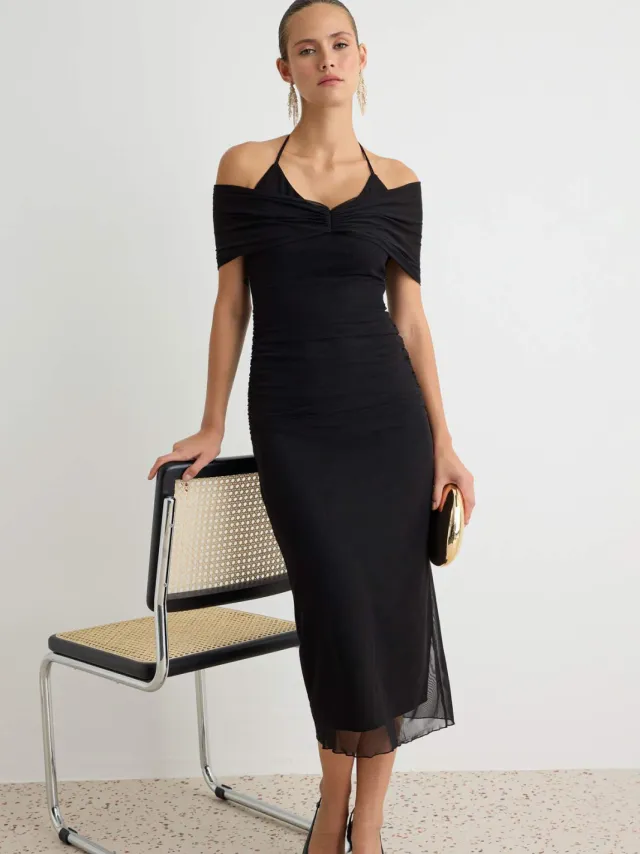 Trendyol TRENDYOLMİLLA Dames Zwart Dierenprint Midi Mouwloos Feest Bodycon Jurken