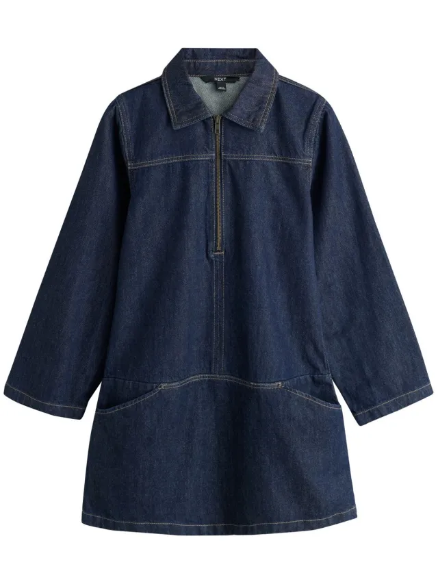 Next Dames - Denim mini-jurk met lange mouwen en rits aan de voorkand - Blauw Indigo Rinse Blue