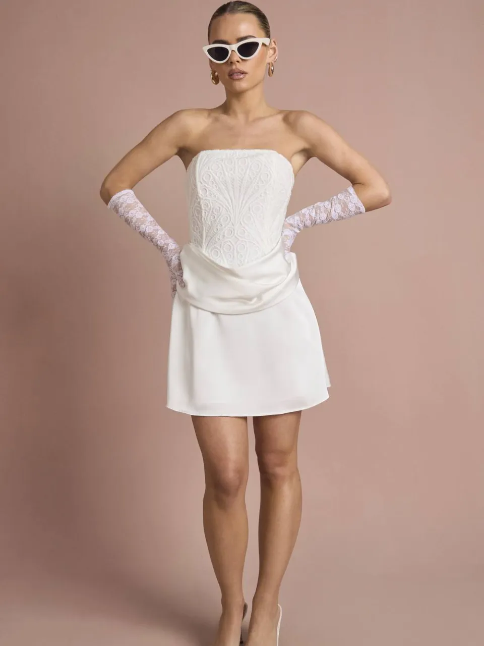 boohoo Dames Kanten Corset Draperie Mini Jurk ivoor, foto 3