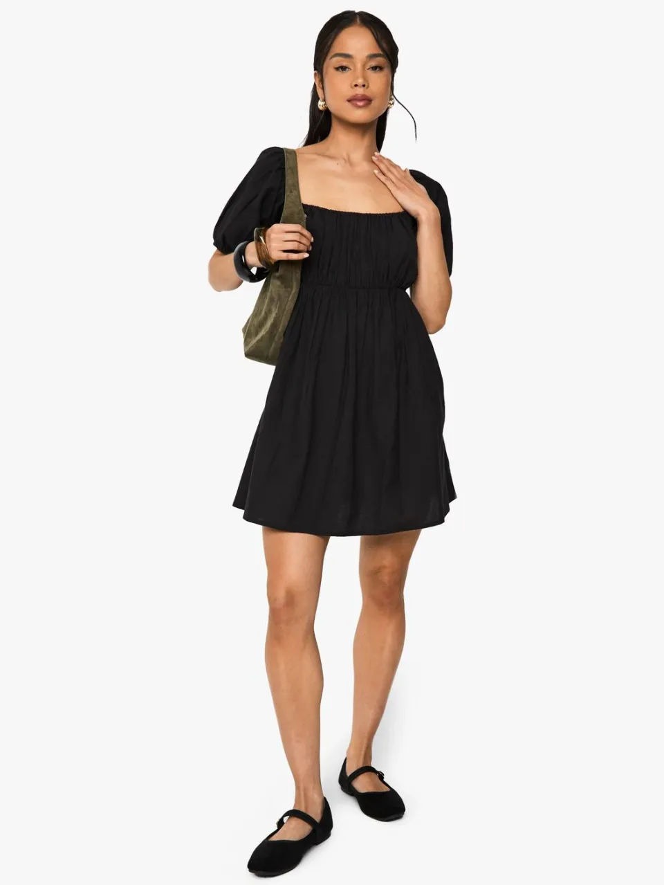 boohoo Dames Linnen Puffmouw Smock Mini-jurk zwart, foto 2