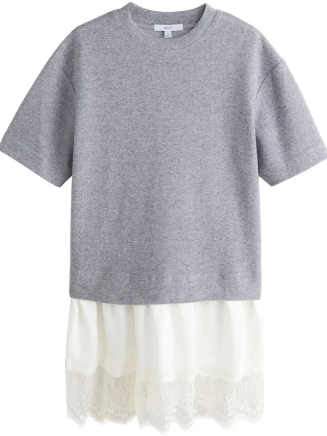 Next Dames - 2-in-1 T-shirtjurk met korte mouwen en een zacht gevoel - Grijs Grey/Ecru