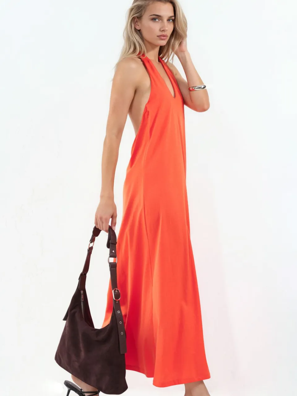 Busem Katoenen Midi Halterjurk Met Splits oranje, foto 2